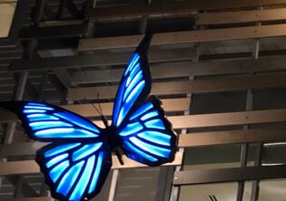 Blue butterfly sculpture with illuminated wings.